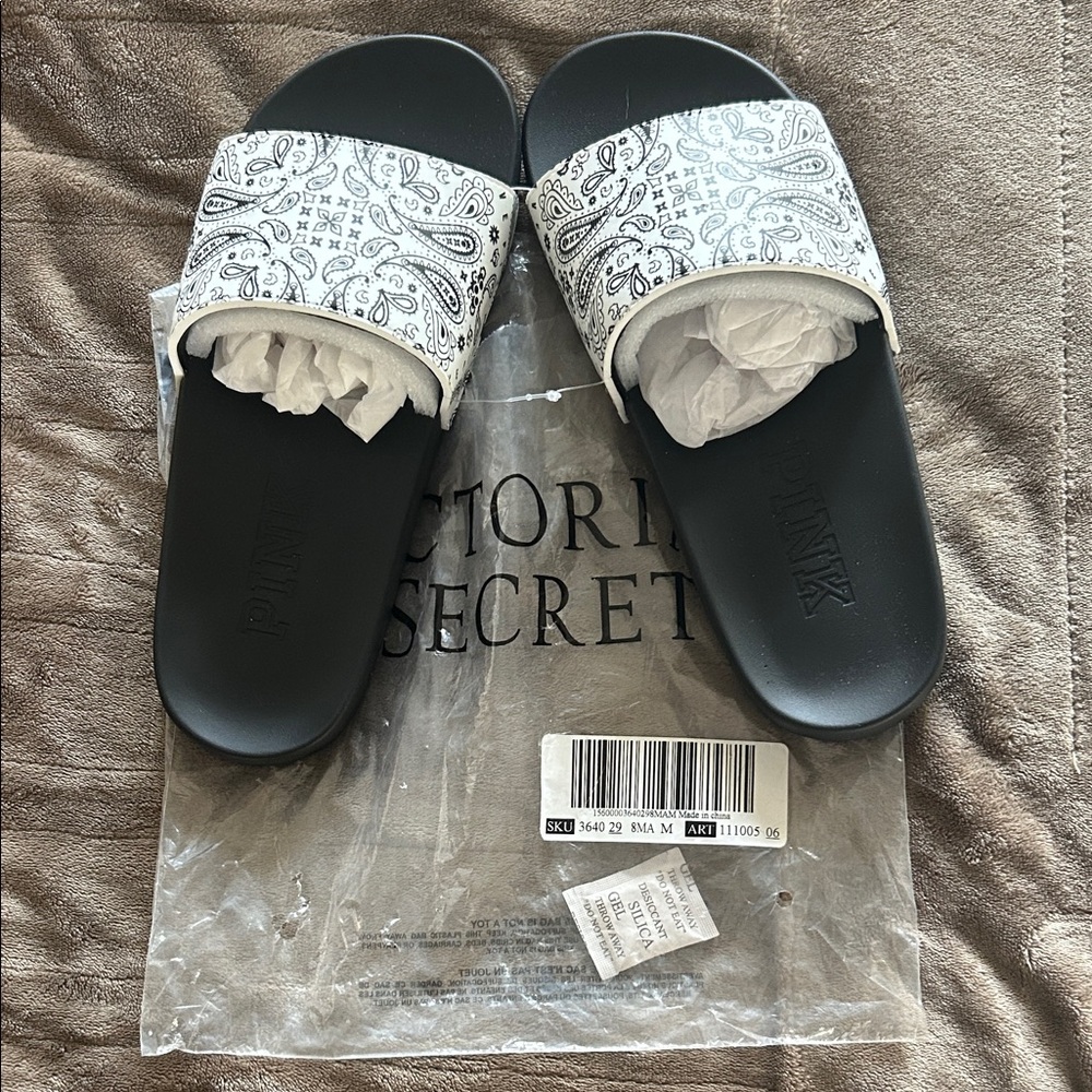 Victoria's Secret Black Slide Sandals with White Paisley Strap